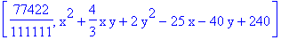 [77422/111111, x^2+4/3*x*y+2*y^2-25*x-40*y+240]